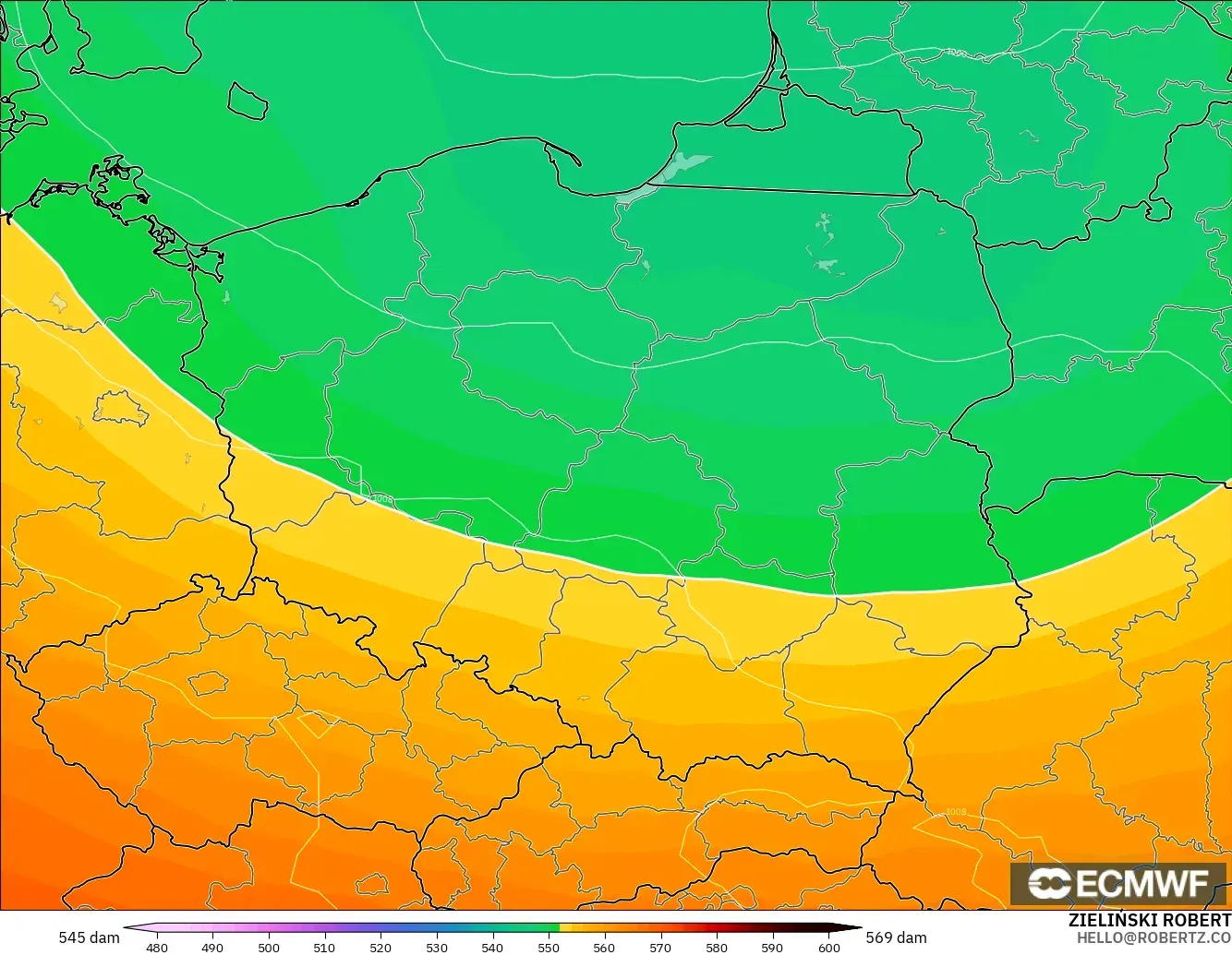 ECMWF IFS 0,25° modelo - Polônia, Altura geopotencial a 500 hPa