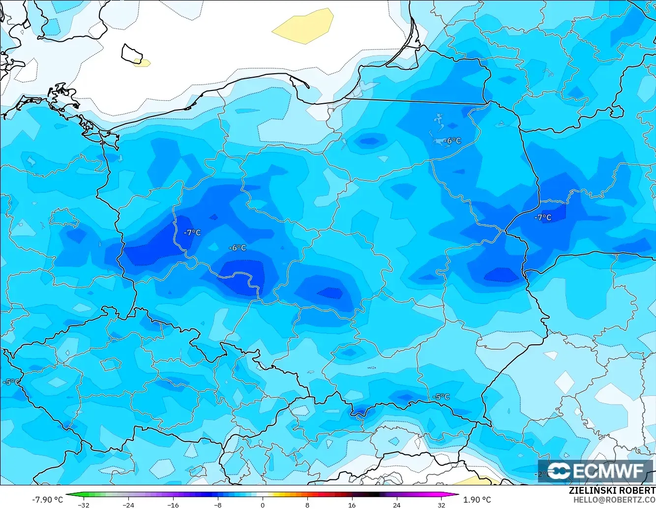 ECMWF IFS 0,25° modelo - Polônia, Anomalia de temperatura a 2 m