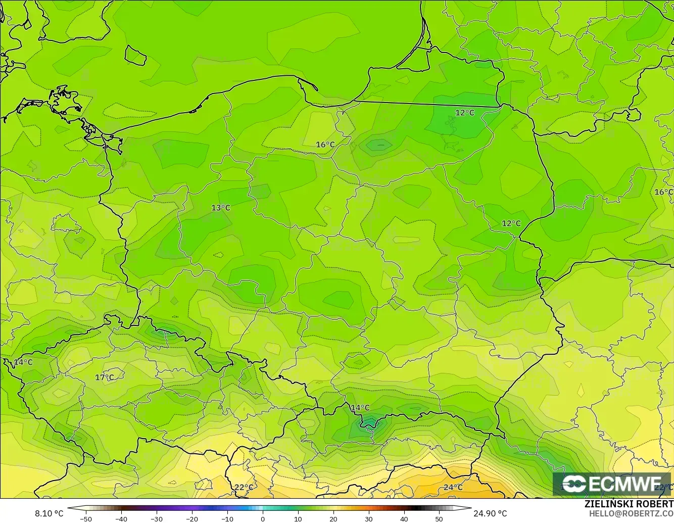 ECMWF IFS 0,25° modelo - Polônia, Temperatura a 2 m