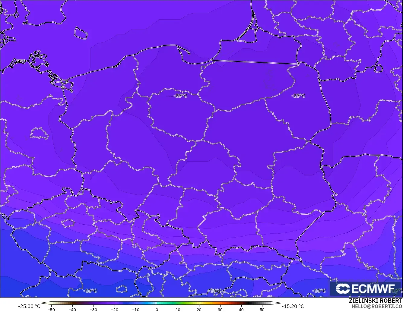 ECMWF IFS 0,25° modelo - Polônia, Temperatura a 500 hPa