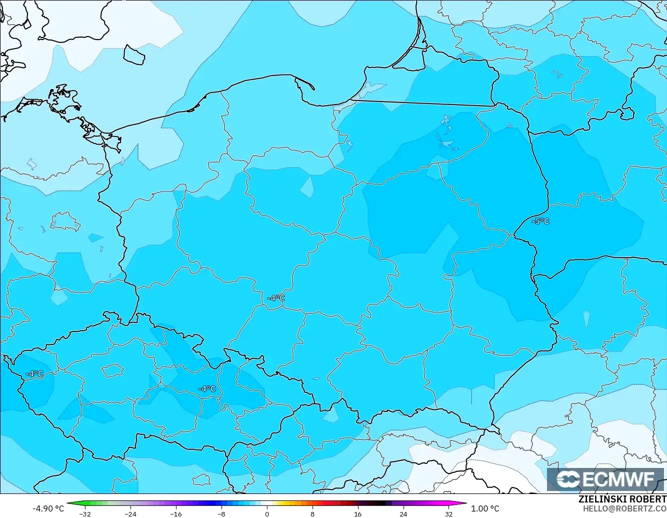 ECMWF IFS 0,25° modelo - Polônia, Anomalia de temperatura a 850 hPa
