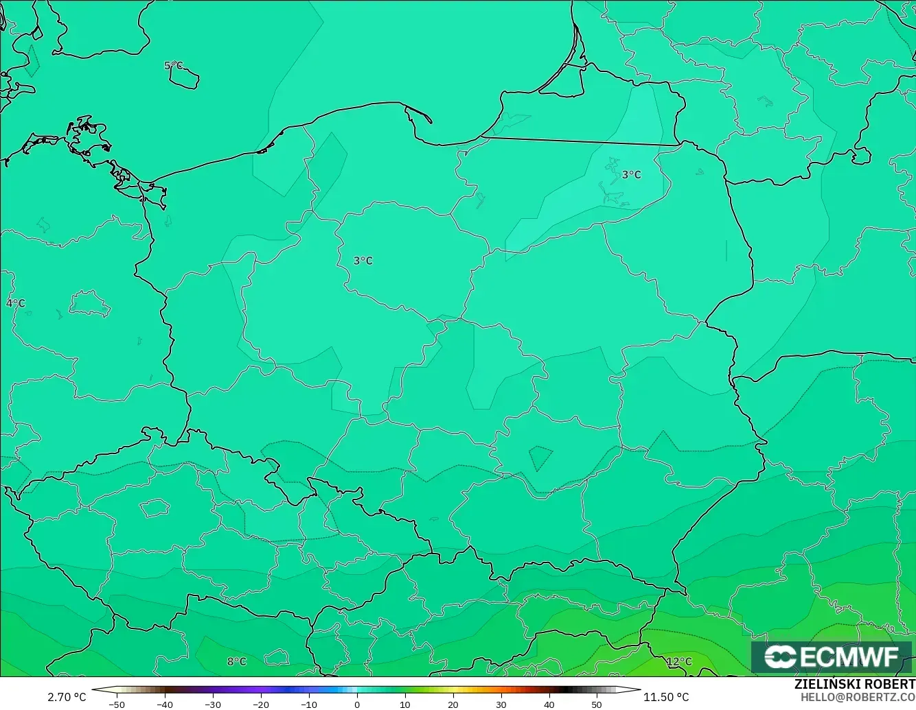 ECMWF IFS 0,25° modelo - Polônia, Temperatura a 850 hPa
