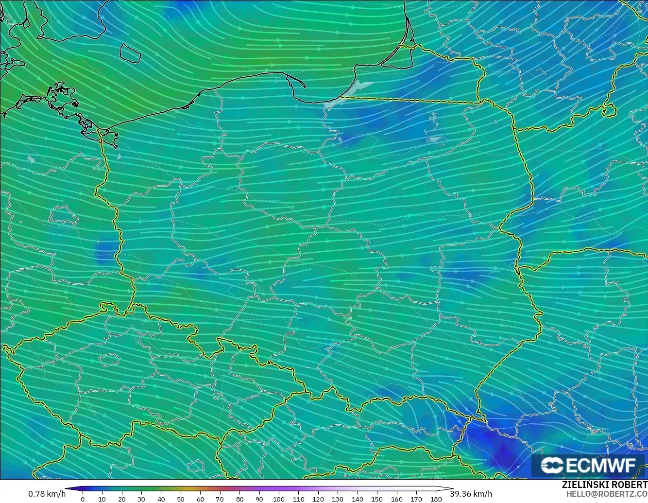 ECMWF IFS 0,25° modelo - Polônia, Vento a 10 m