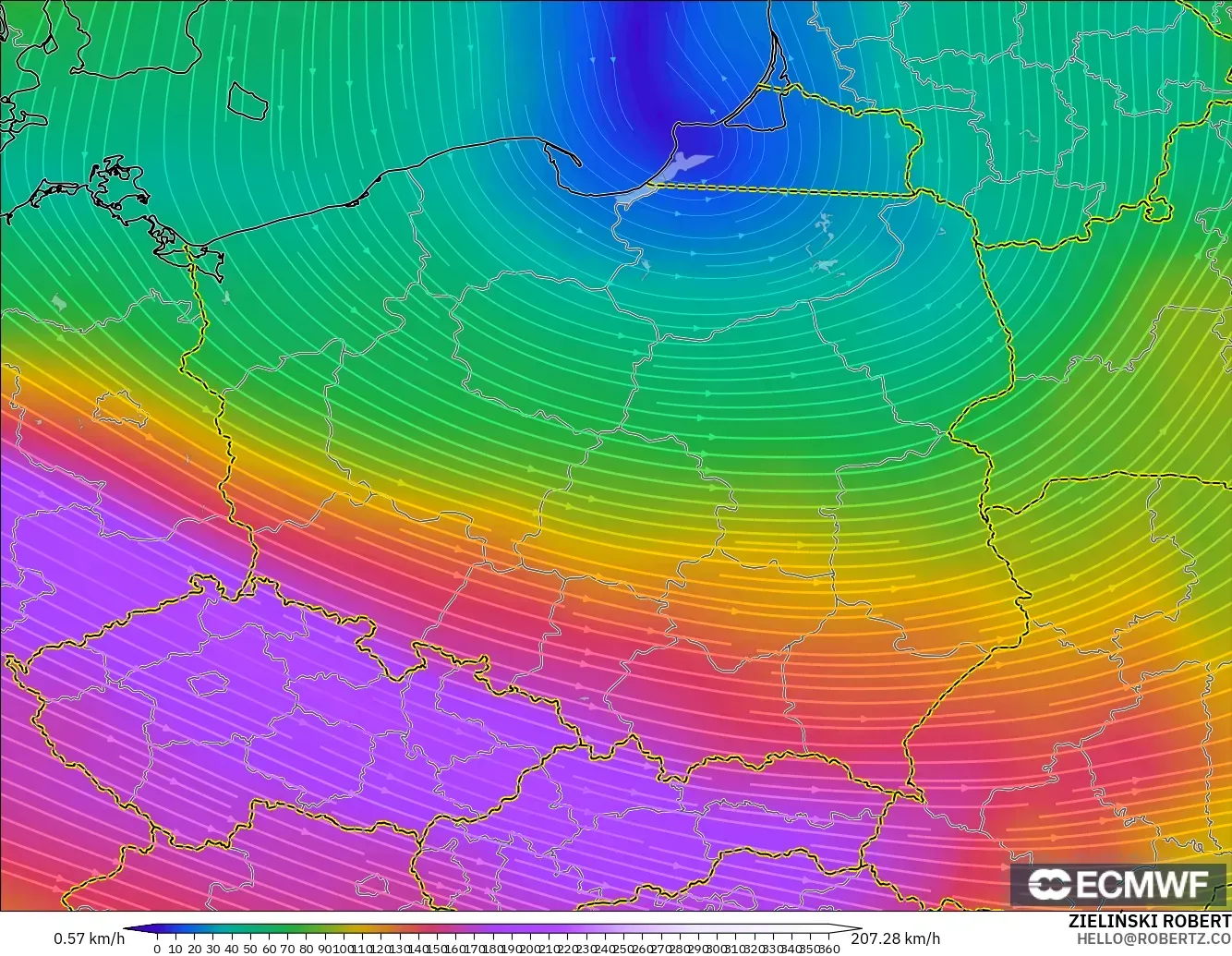 ECMWF IFS 0,25° modelo - Polônia, Vento a 300 hPa (corrente em jato)
