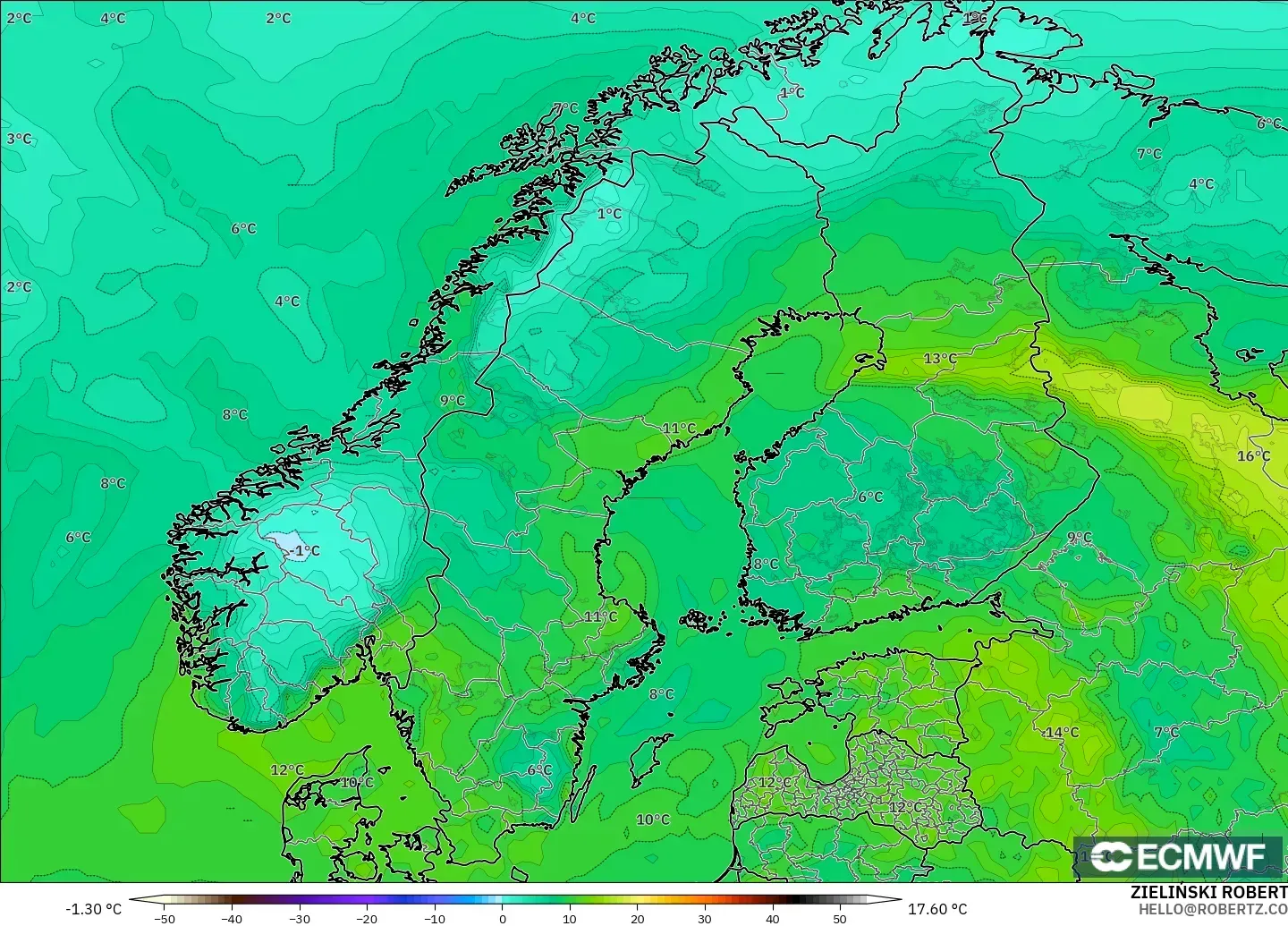 ECMWF IFS 0,25° modelo - Escandinávia, Ponto de orvalho a 2 m