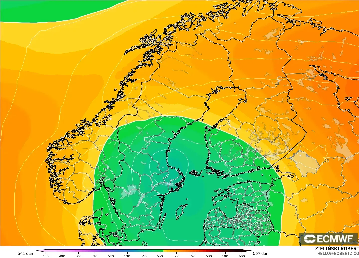 ECMWF IFS 0,25° modelo - Escandinávia, Altura geopotencial a 500 hPa