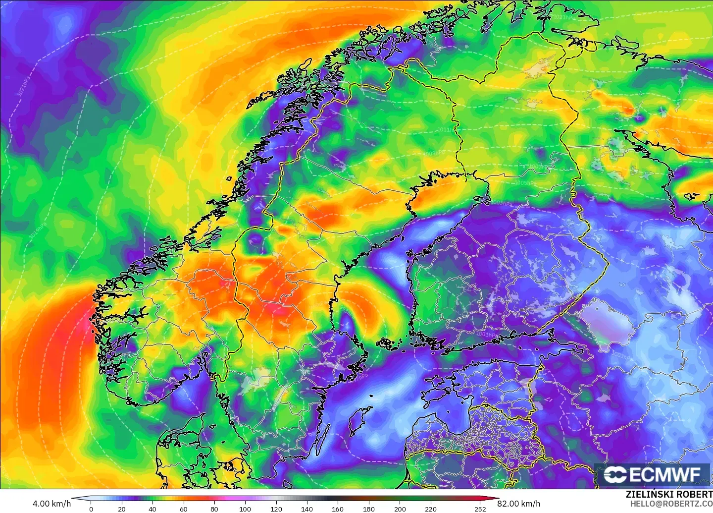 ECMWF IFS 0,25° modelo - Escandinávia, Rajadas de vento