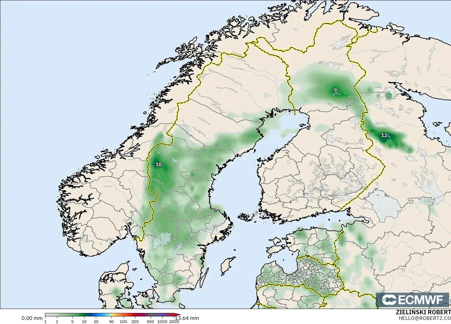 ECMWF IFS 0,25° modelo - Escandinávia, Acúmulo de precipitação