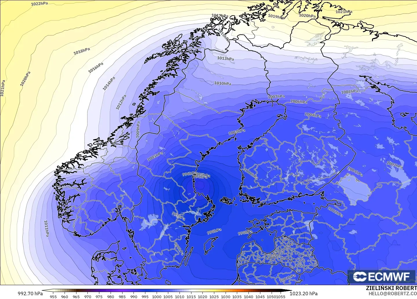 ECMWF IFS 0,25° modelo - Escandinávia, Pressão