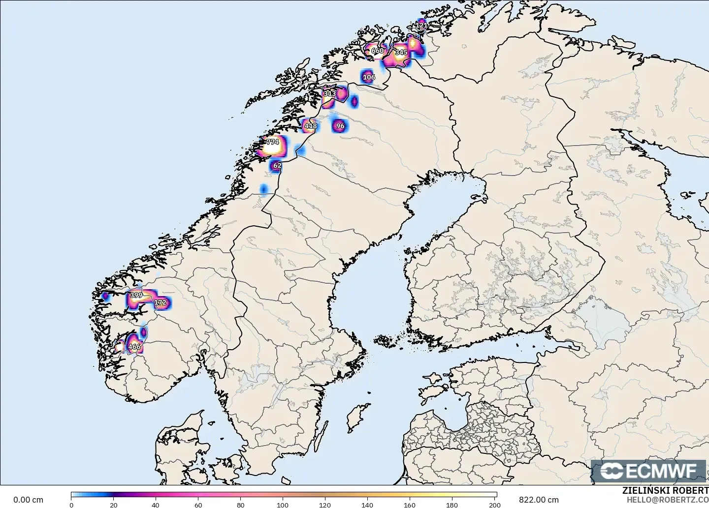 ECMWF IFS 0,25° modelo - Escandinávia, Profundidade da neve