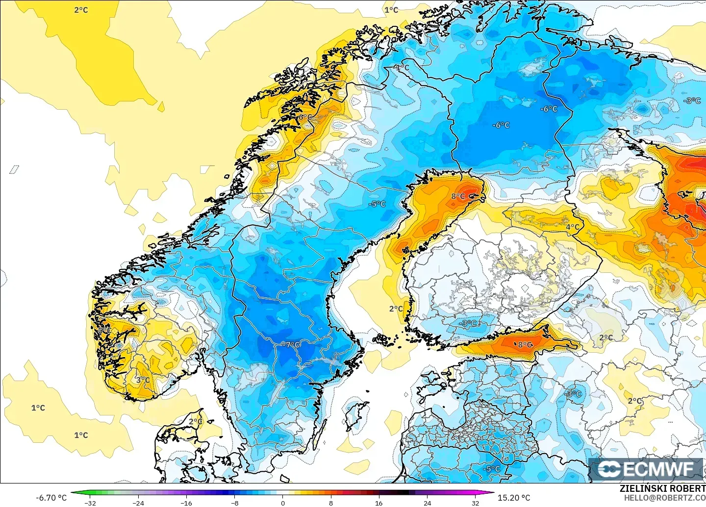 ECMWF IFS 0,25° modelo - Escandinávia, Anomalia de temperatura a 2 m