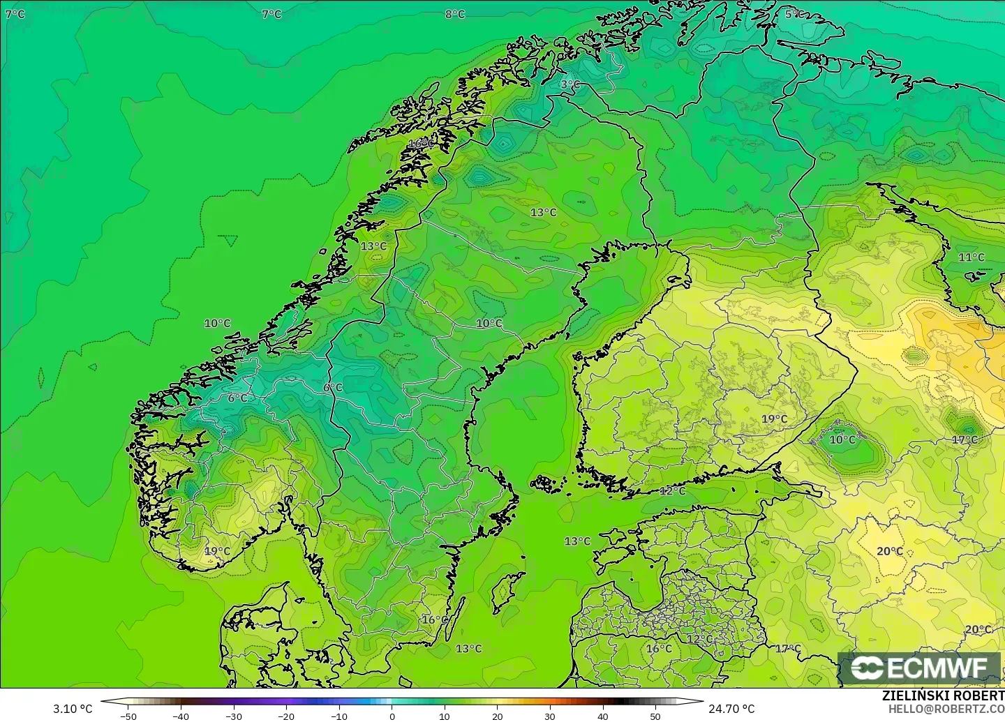 ECMWF IFS 0,25° modelo - Escandinávia, Temperatura a 2 m