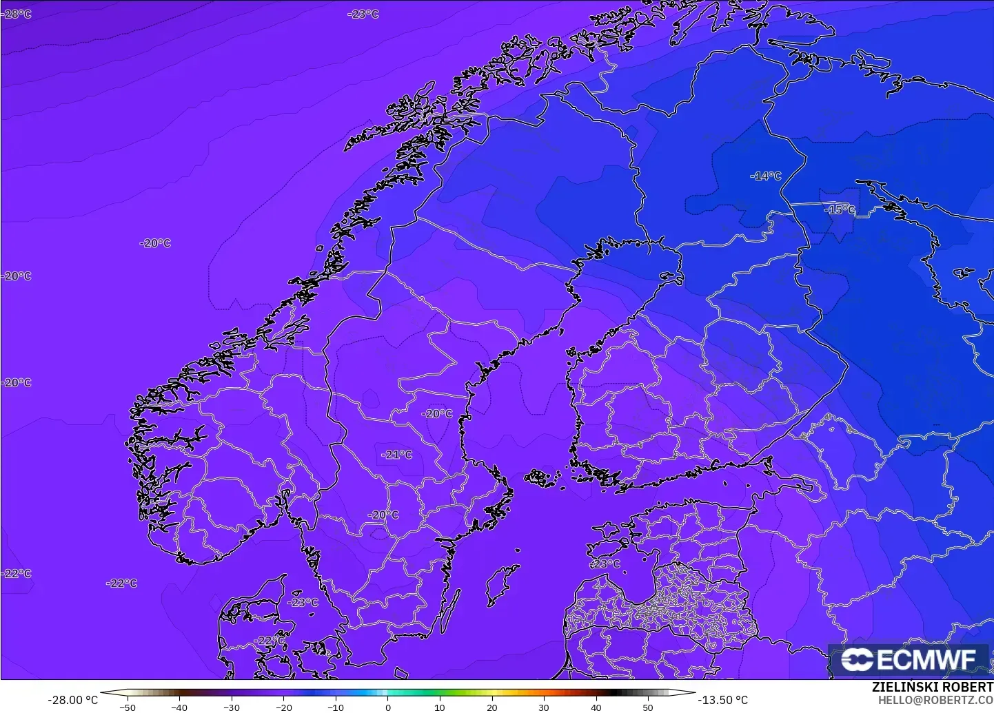 ECMWF IFS 0,25° modelo - Escandinávia, Temperatura a 500 hPa
