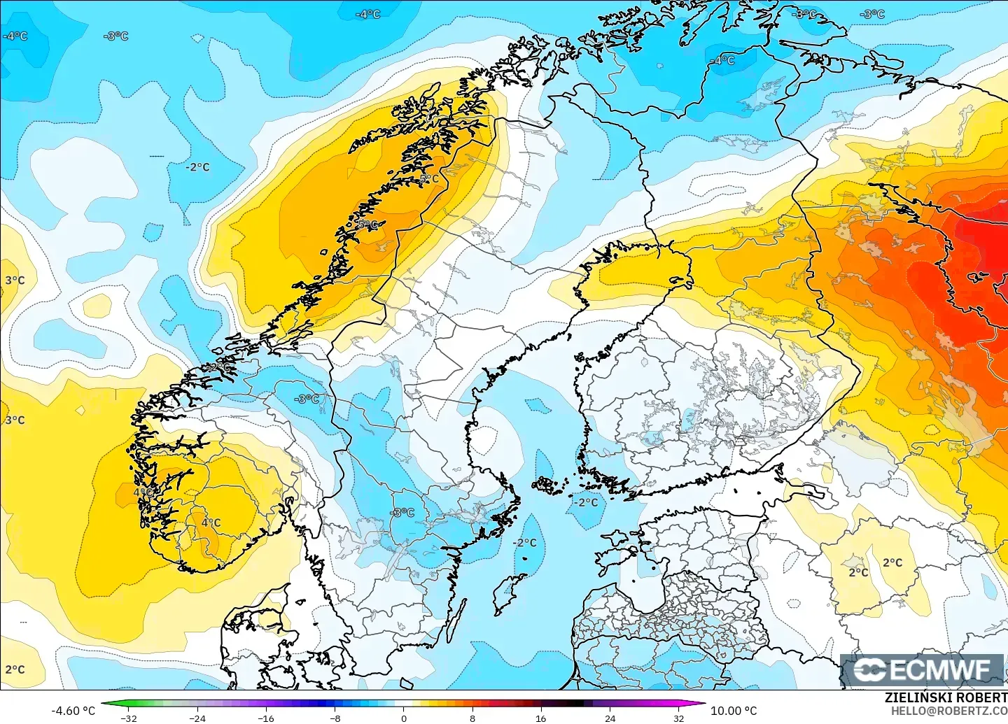 ECMWF IFS 0,25° modelo - Escandinávia, Anomalia de temperatura a 850 hPa