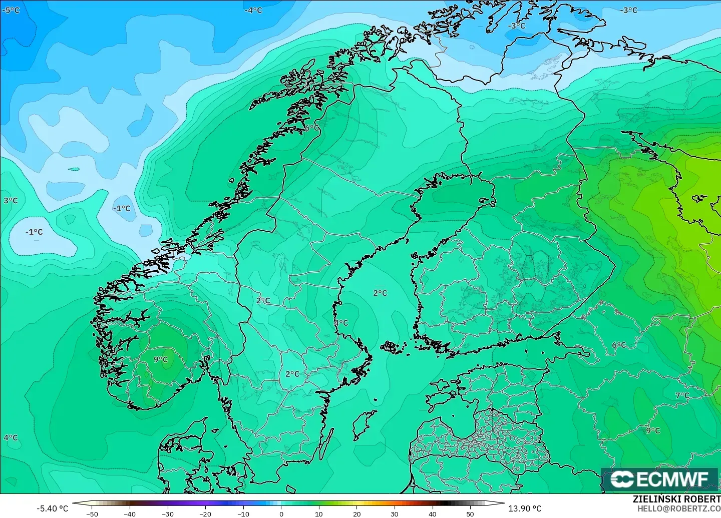 ECMWF IFS 0,25° modelo - Escandinávia, Temperatura a 850 hPa