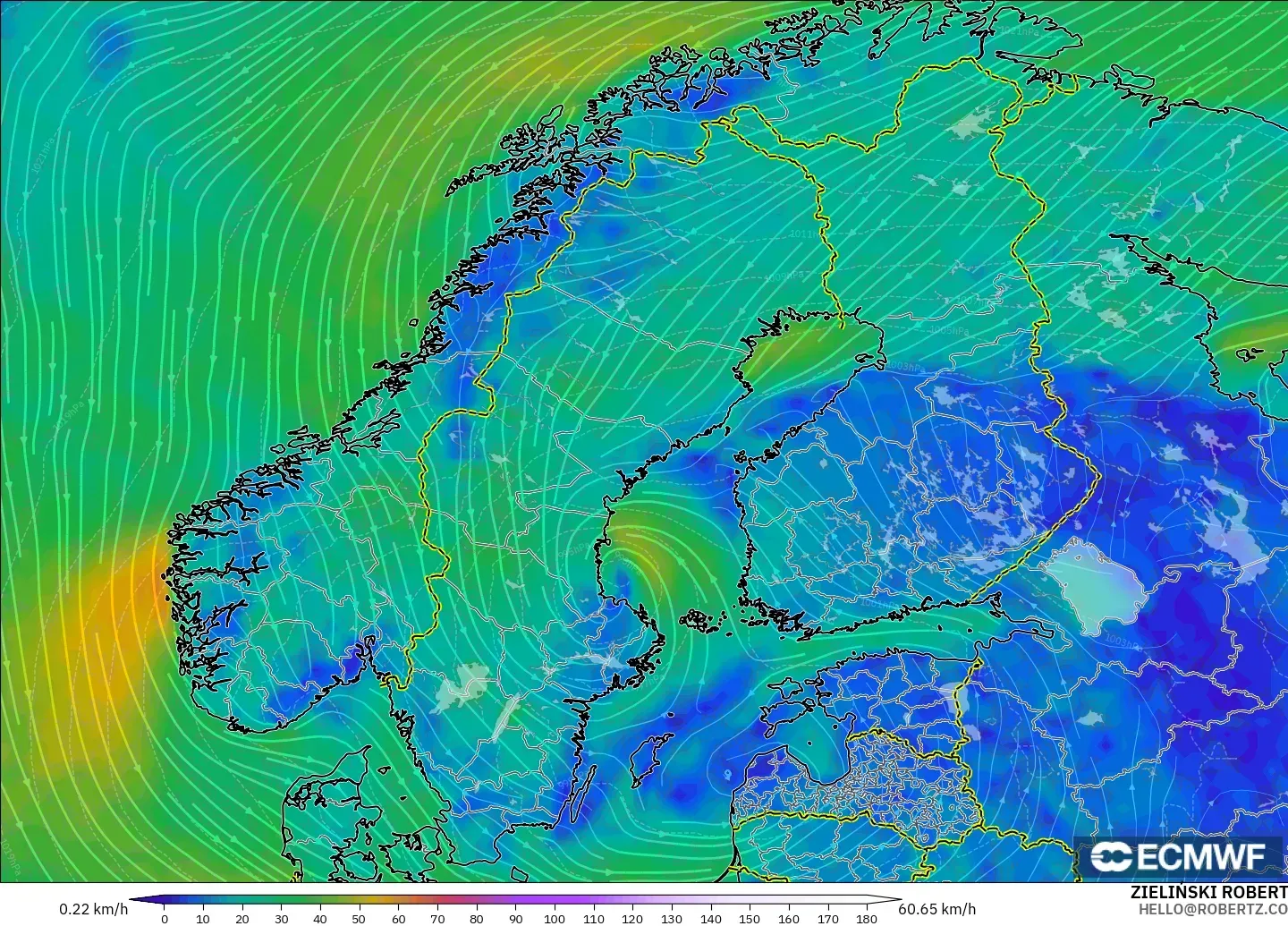 ECMWF IFS 0,25° modelo - Escandinávia, Vento a 10 m