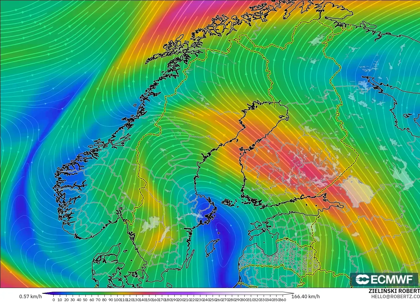 ECMWF IFS 0,25° modelo - Escandinávia, Vento a 300 hPa (corrente em jato)