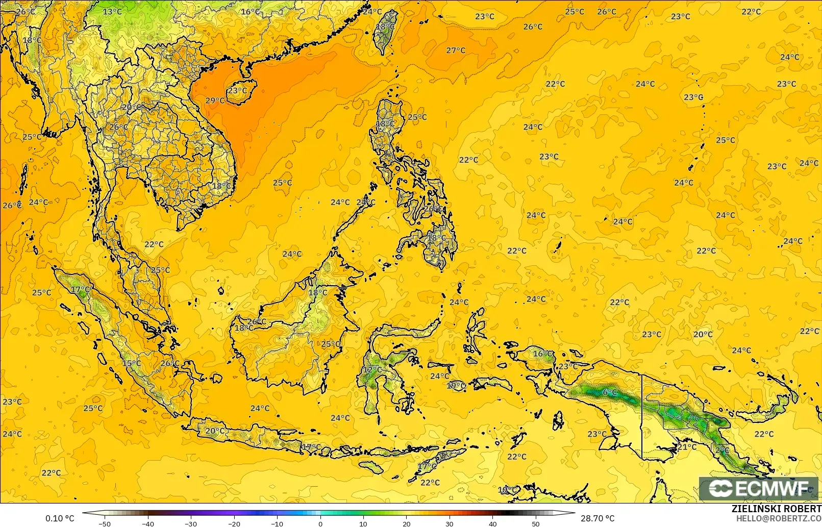 ECMWF IFS 0,25° modelo - Sudeste Asiático, Ponto de orvalho a 2 m