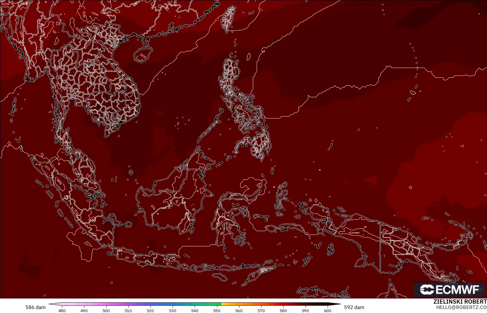 ECMWF IFS 0,25° modelo - Sudeste Asiático, Altura geopotencial a 500 hPa