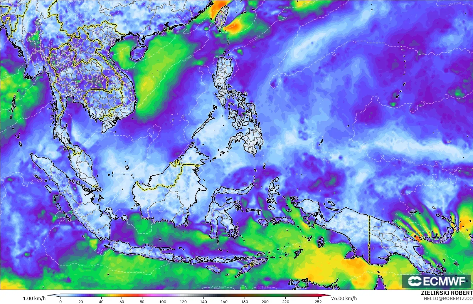 ECMWF IFS 0,25° modelo - Sudeste Asiático, Rajadas de vento