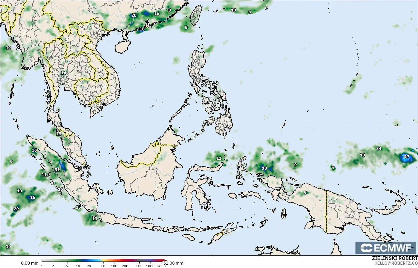 ECMWF IFS 0,25° modelo - Sudeste Asiático, Acúmulo de precipitação