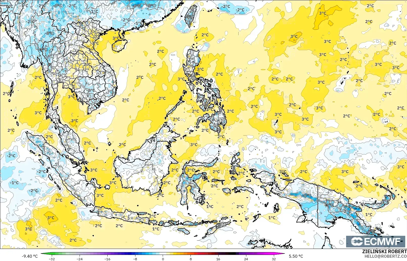 ECMWF IFS 0,25° modelo - Sudeste Asiático, Anomalia de temperatura a 2 m