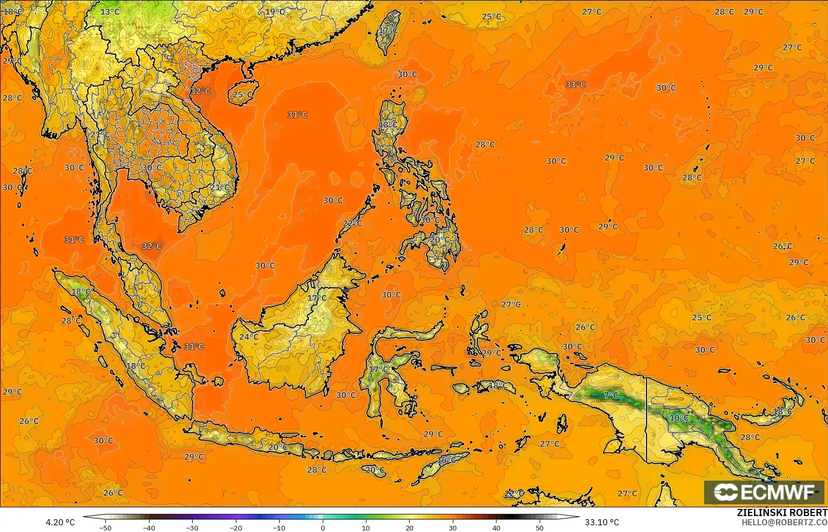 ECMWF IFS 0,25° modelo - Sudeste Asiático, Temperatura a 2 m