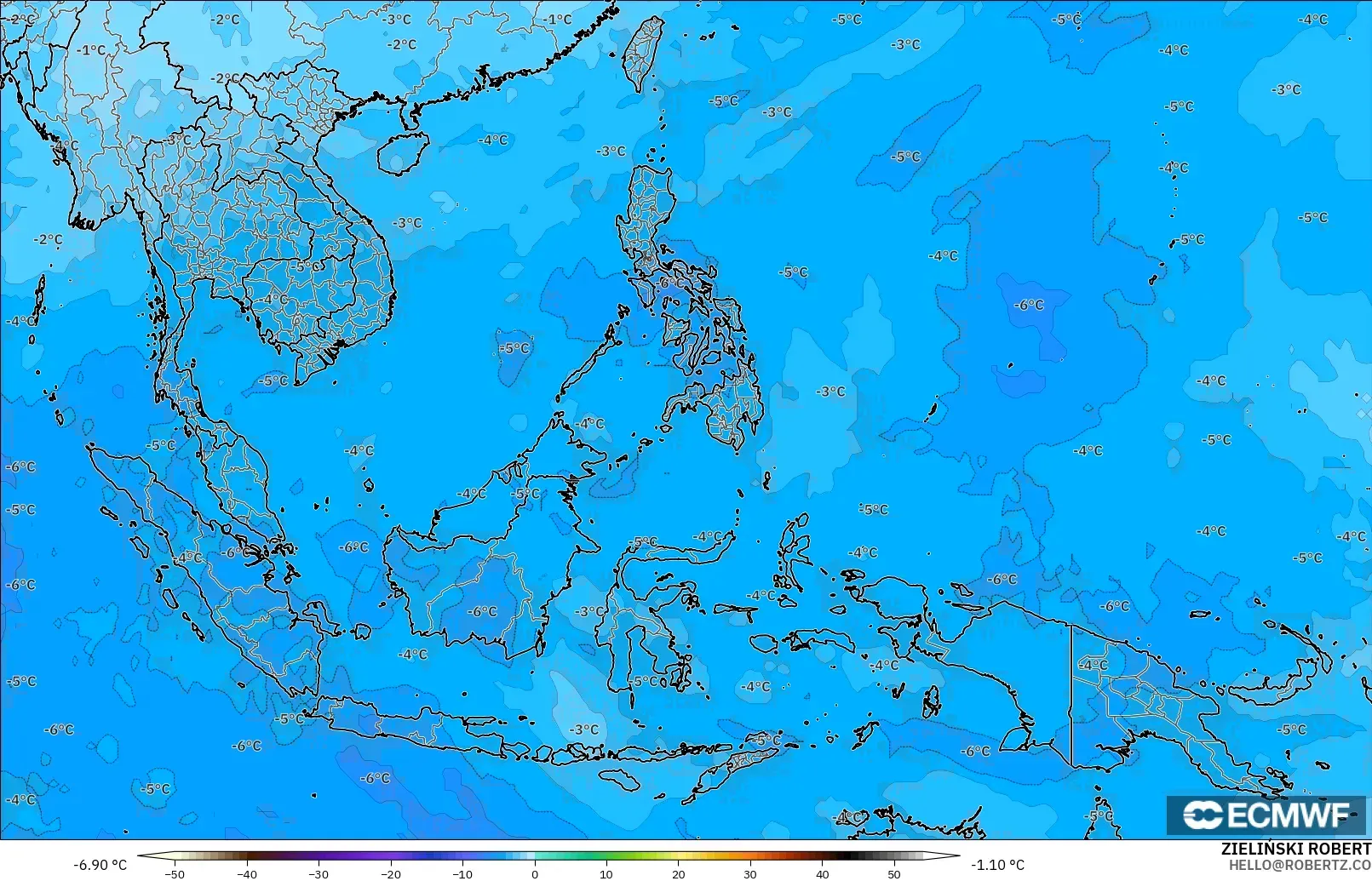 ECMWF IFS 0,25° modelo - Sudeste Asiático, Temperatura a 500 hPa