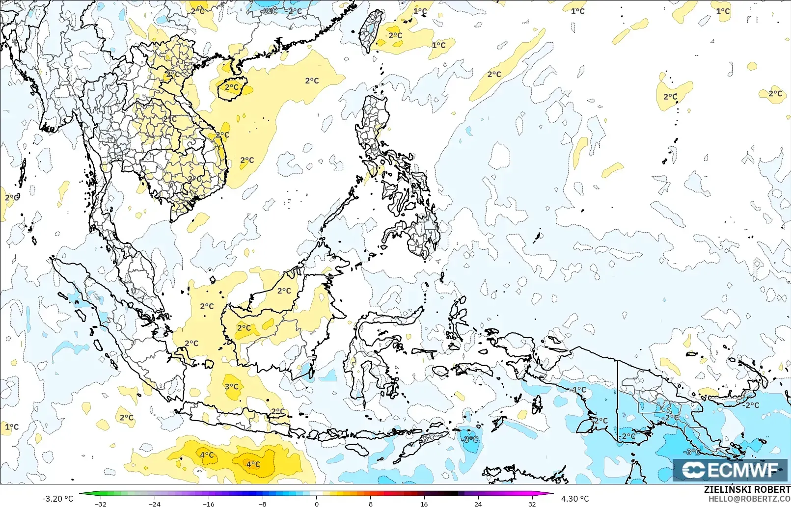 ECMWF IFS 0,25° modelo - Sudeste Asiático, Anomalia de temperatura a 850 hPa