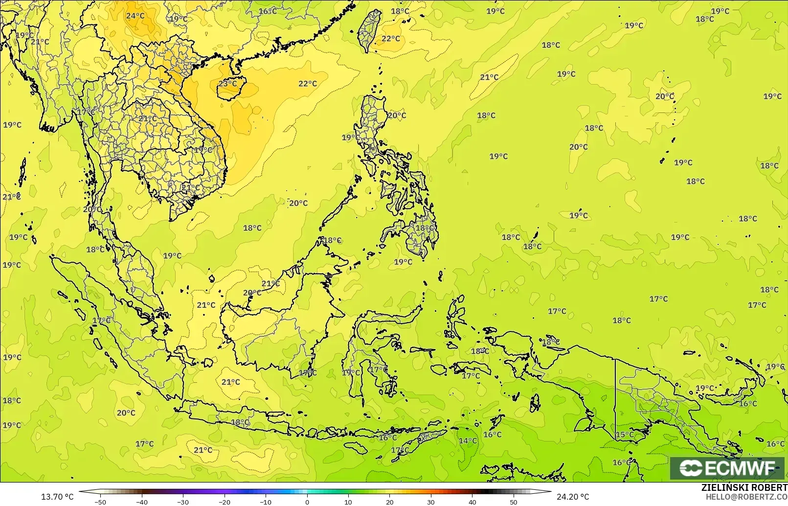 ECMWF IFS 0,25° modelo - Sudeste Asiático, Temperatura a 850 hPa