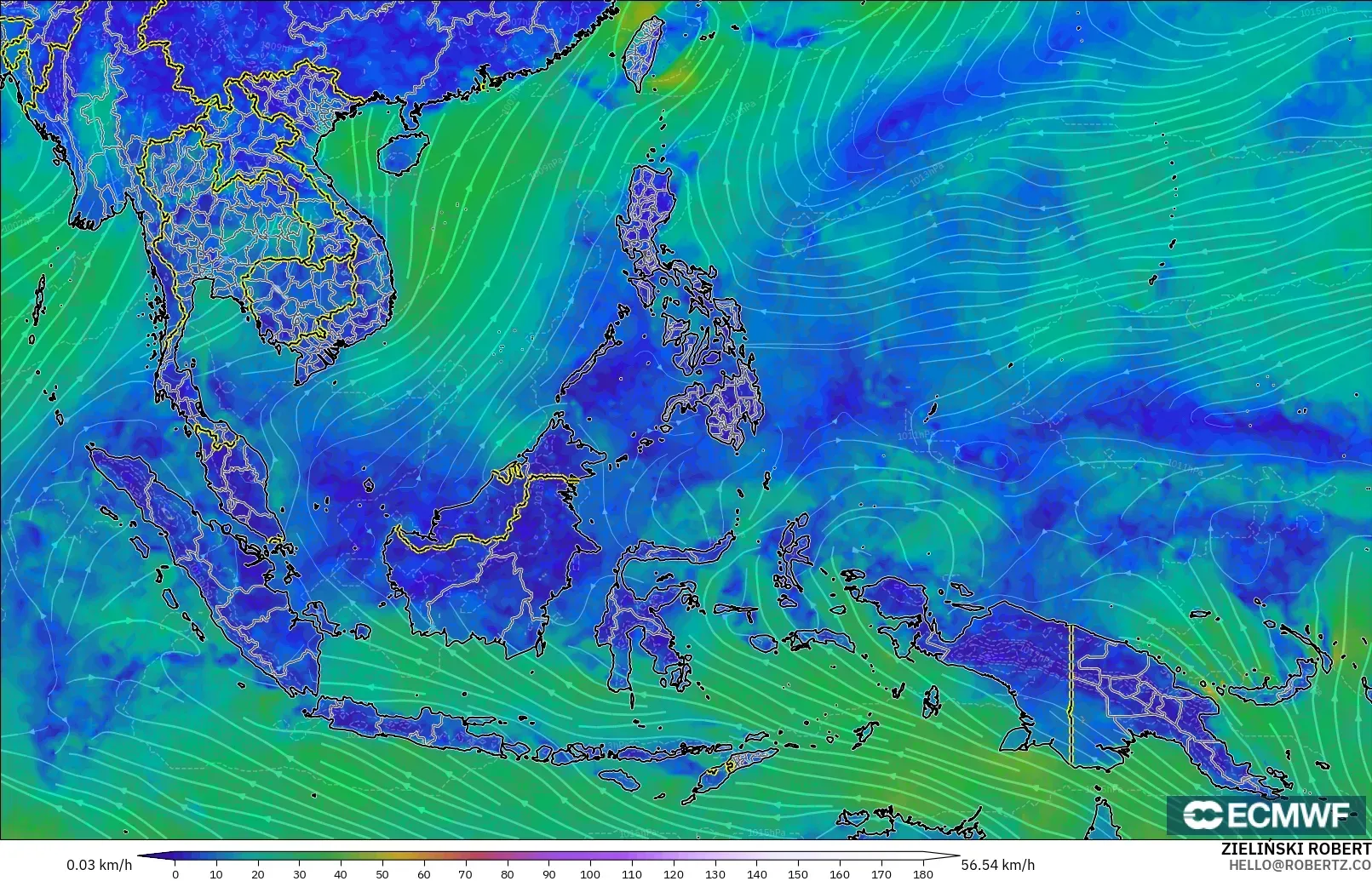 ECMWF IFS 0,25° modelo - Sudeste Asiático, Vento a 10 m