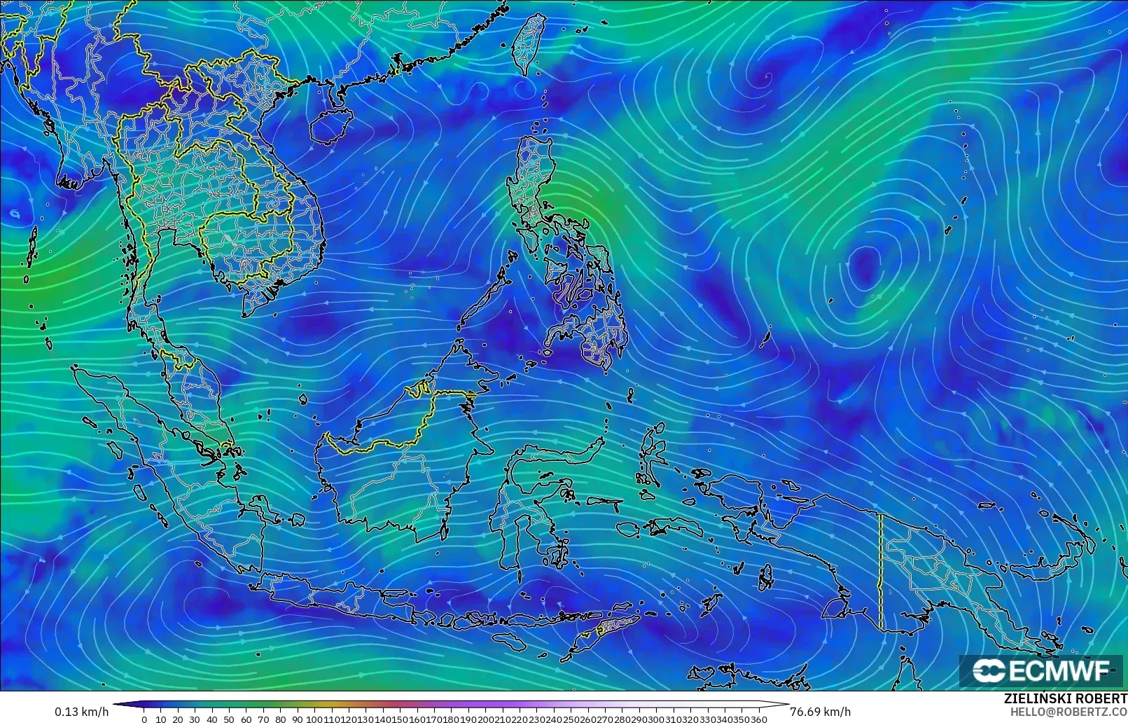ECMWF IFS 0,25° modelo - Sudeste Asiático, Vento a 300 hPa (corrente em jato)
