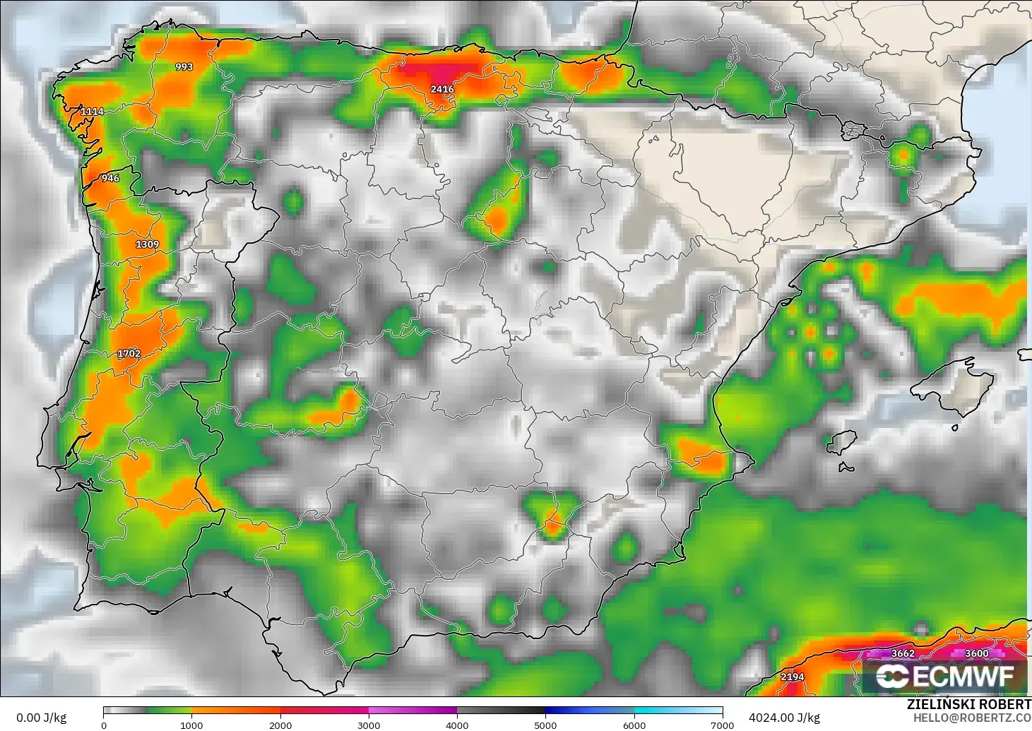 ECMWF IFS 0,25° modelo - Espanha, CAPE