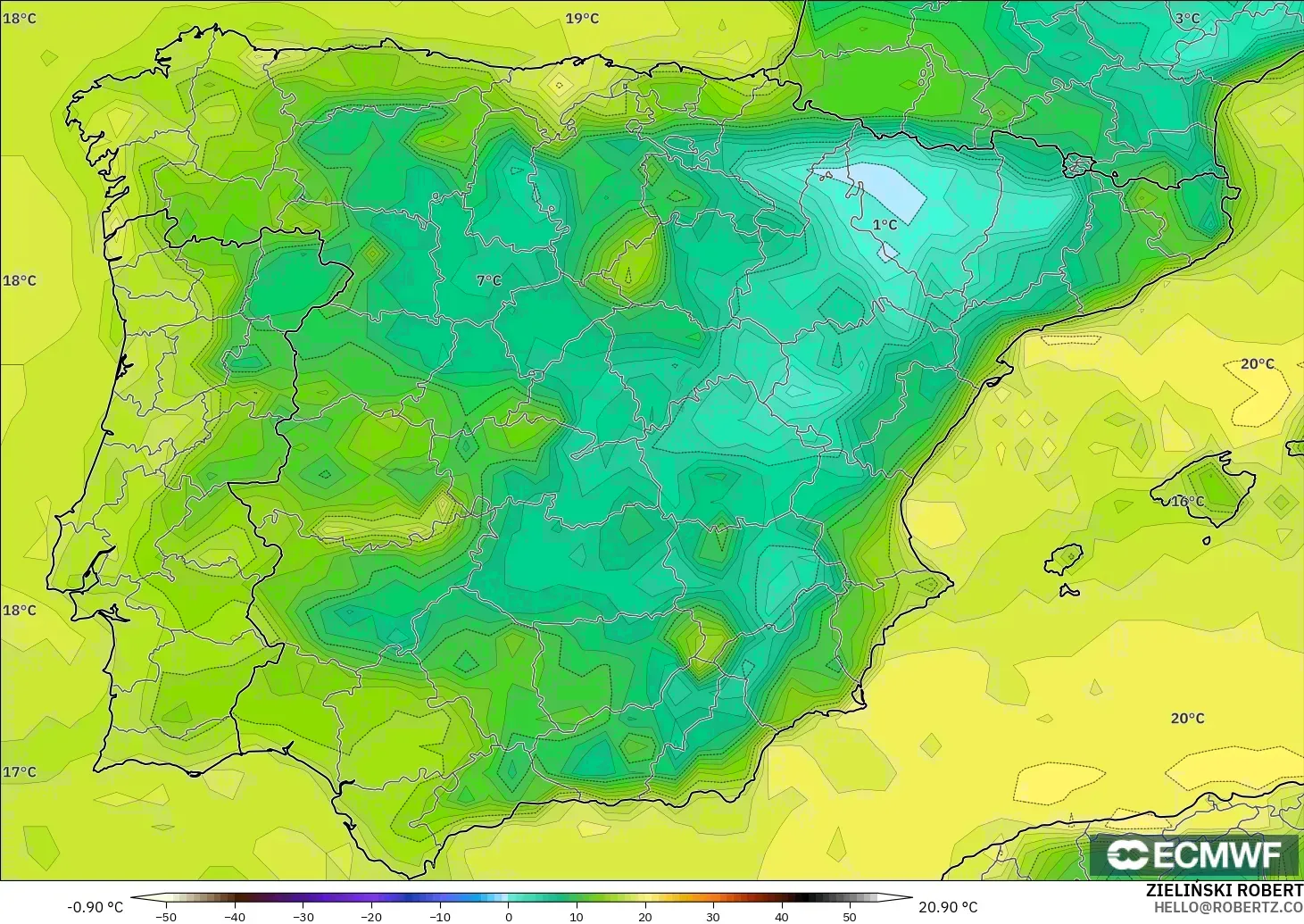 ECMWF IFS 0,25° modelo - Espanha, Ponto de orvalho a 2 m