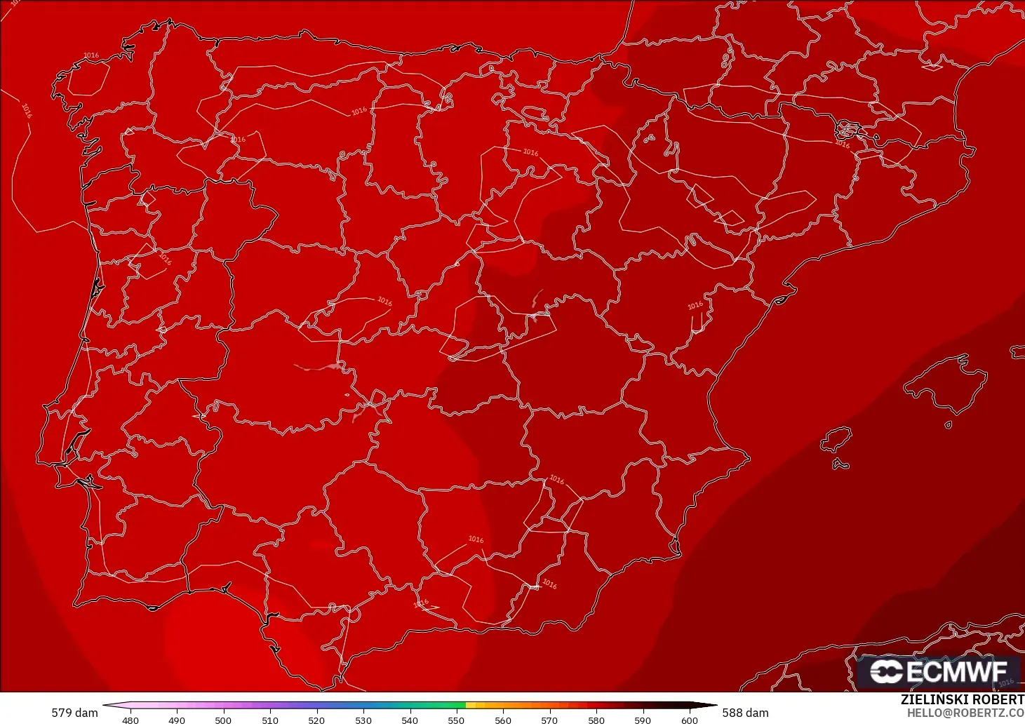 ECMWF IFS 0,25° modelo - Espanha, Altura geopotencial a 500 hPa