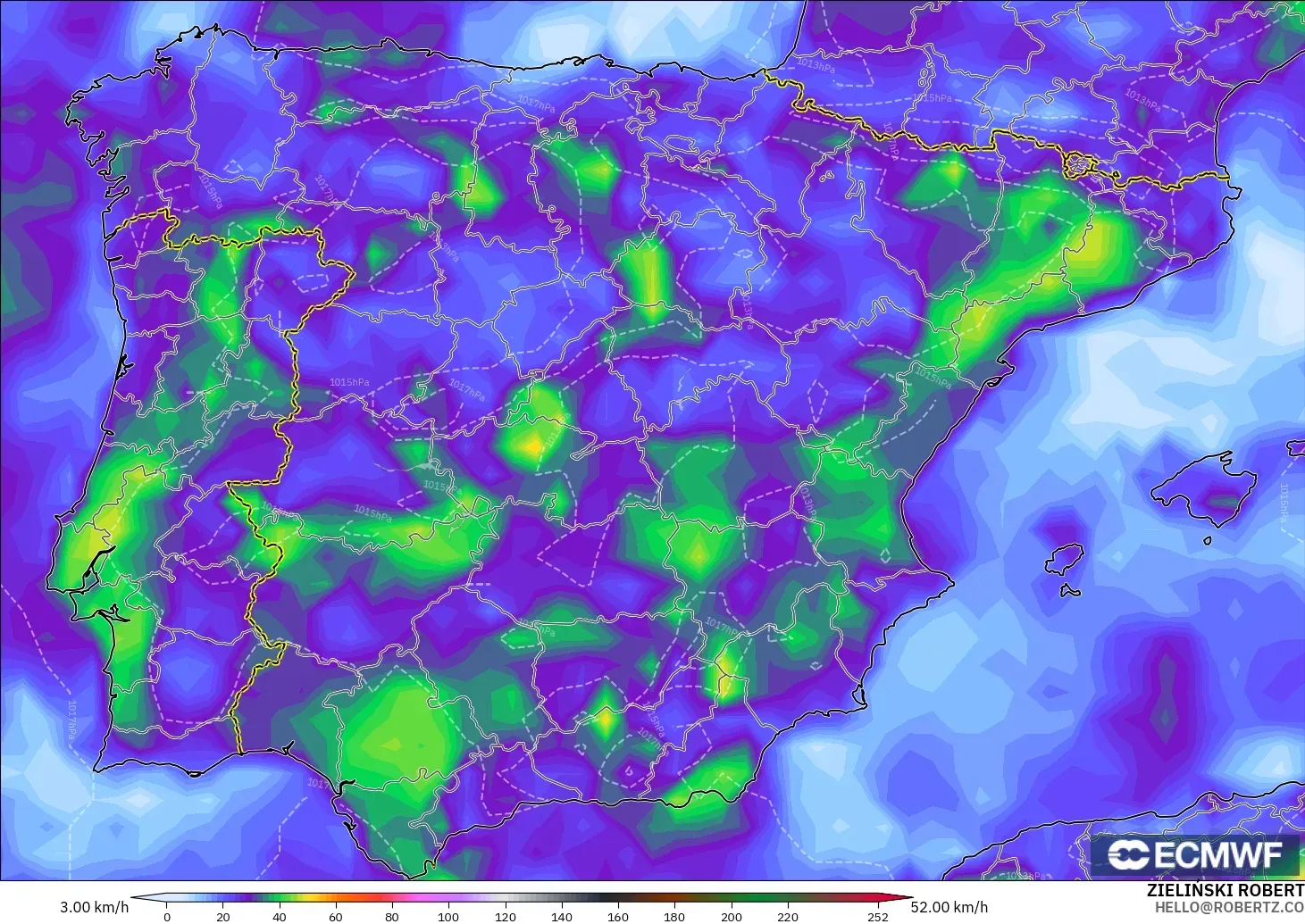 ECMWF IFS 0,25° modelo - Espanha, Rajadas de Vento Máximas