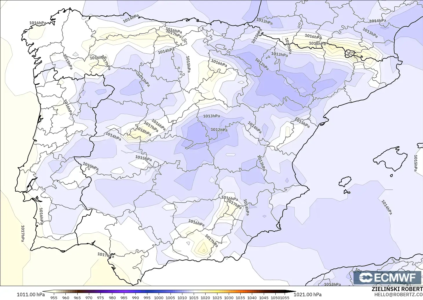 ECMWF IFS 0,25° modelo - Espanha, Pressão