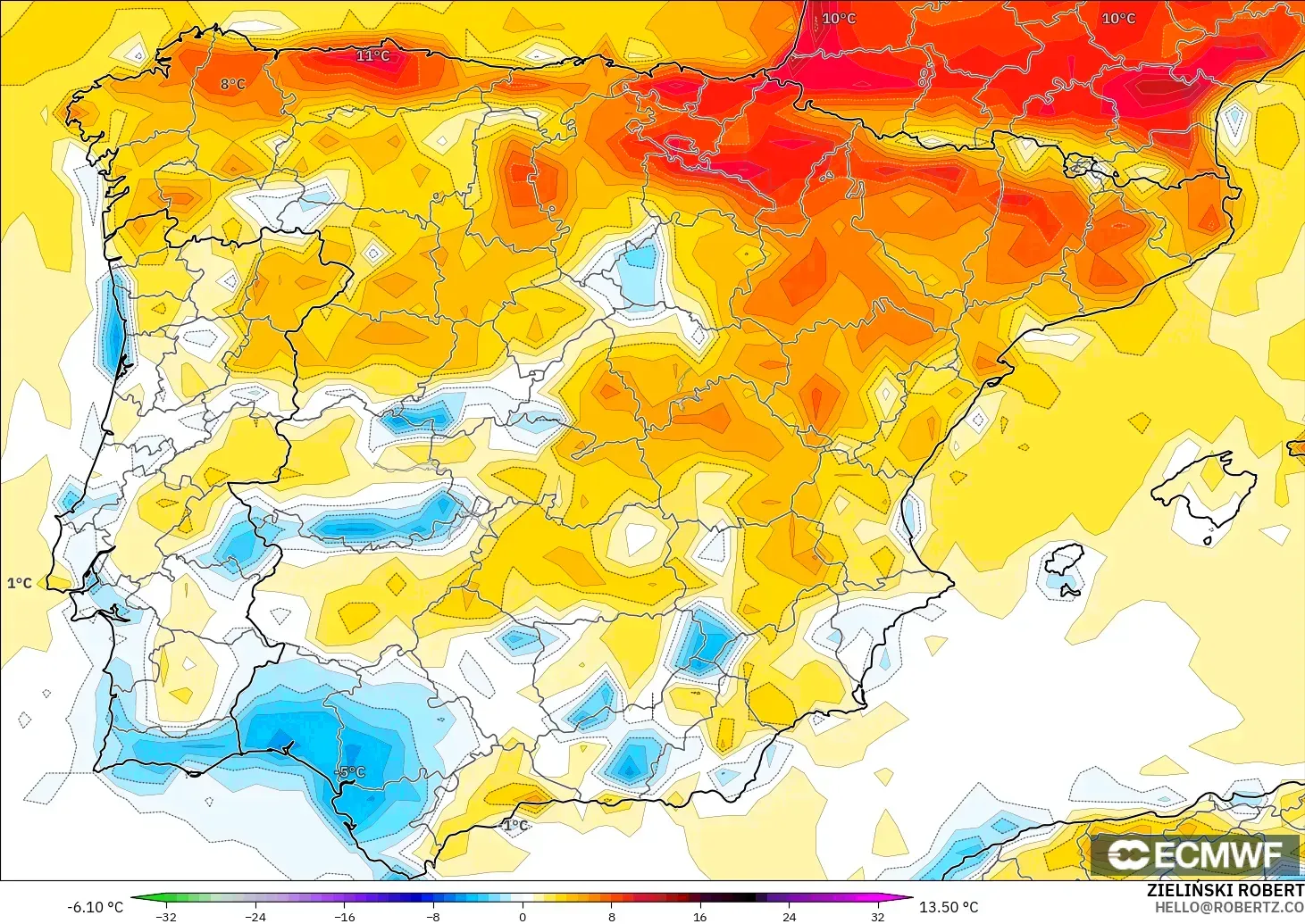 ECMWF IFS 0,25° modelo - Espanha, Anomalia de temperatura a 2 m