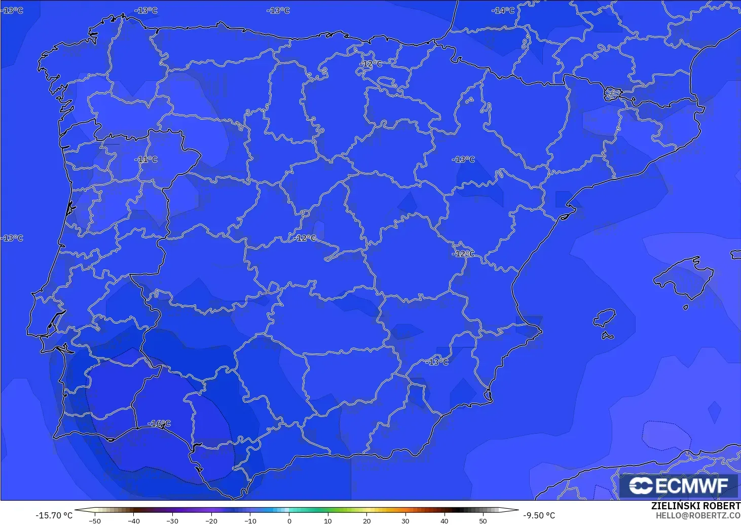 ECMWF IFS 0,25° modelo - Espanha, Temperatura a 500 hPa