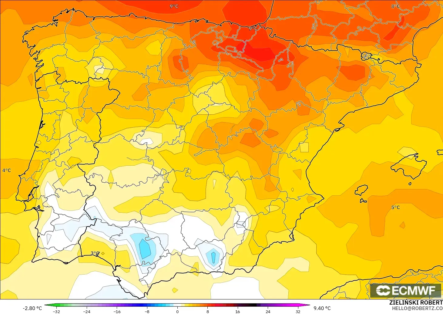 ECMWF IFS 0,25° modelo - Espanha, Anomalia de temperatura a 850 hPa