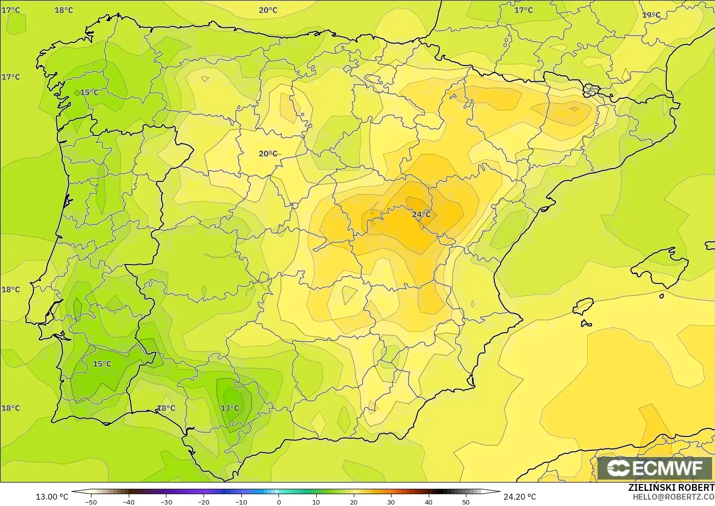 ECMWF IFS 0,25° modelo - Espanha, Temperatura a 850 hPa