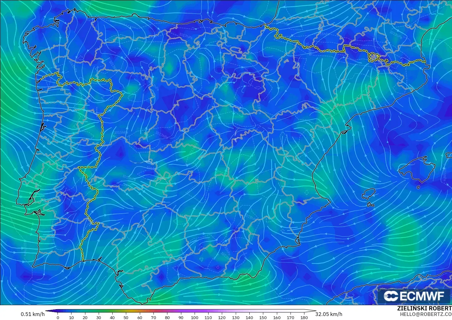 ECMWF IFS 0,25° modelo - Espanha, Vento a 10 m