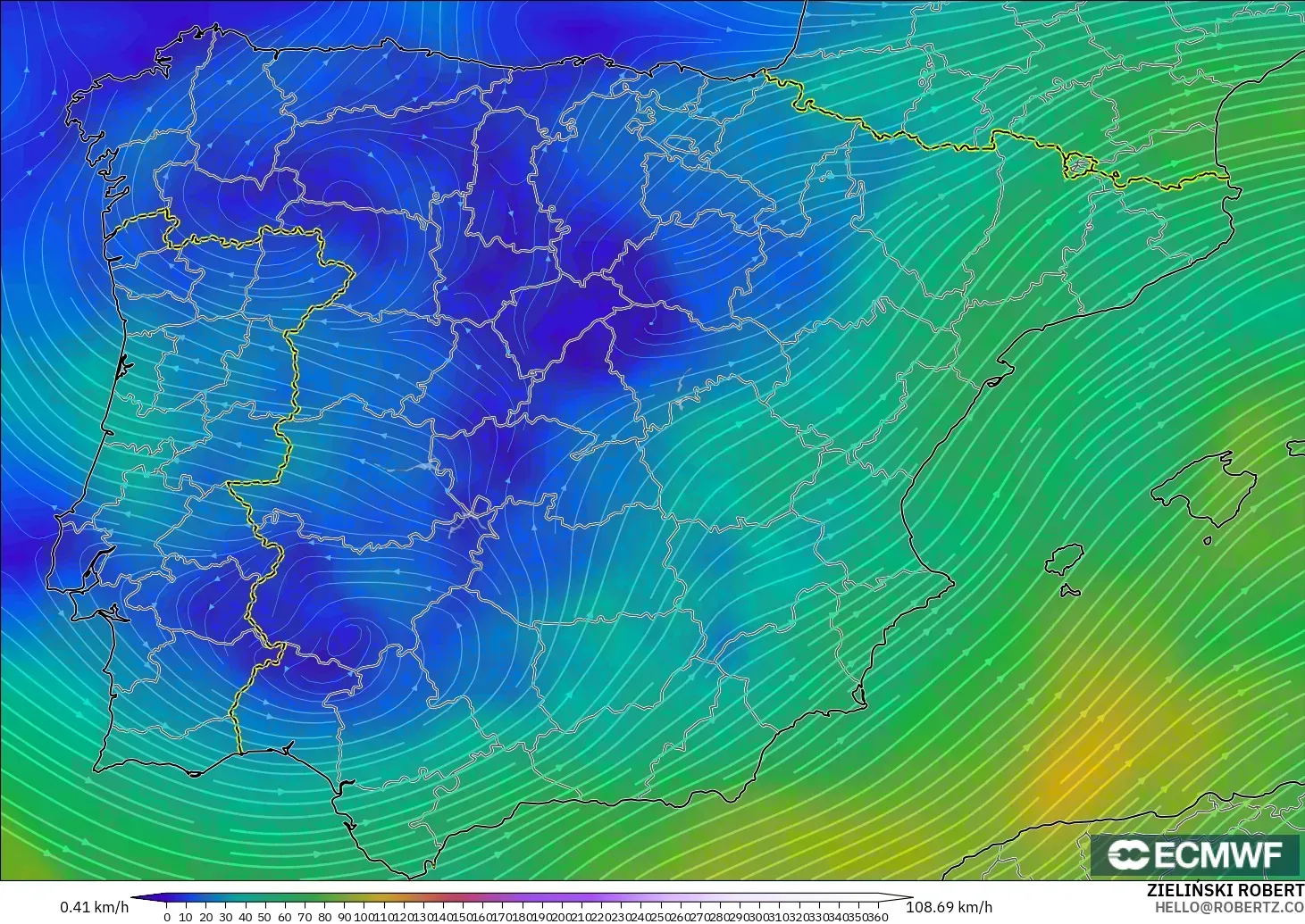 ECMWF IFS 0,25° modelo - Espanha, Vento a 300 hPa (corrente em jato)