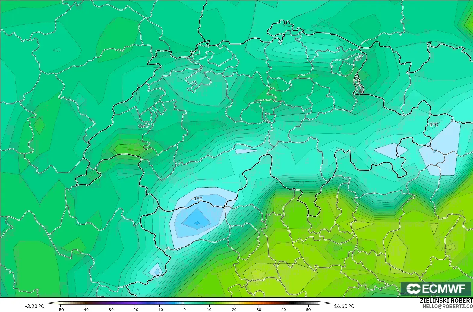 ECMWF IFS 0,25° modelo - Suíça, Ponto de orvalho a 2 m