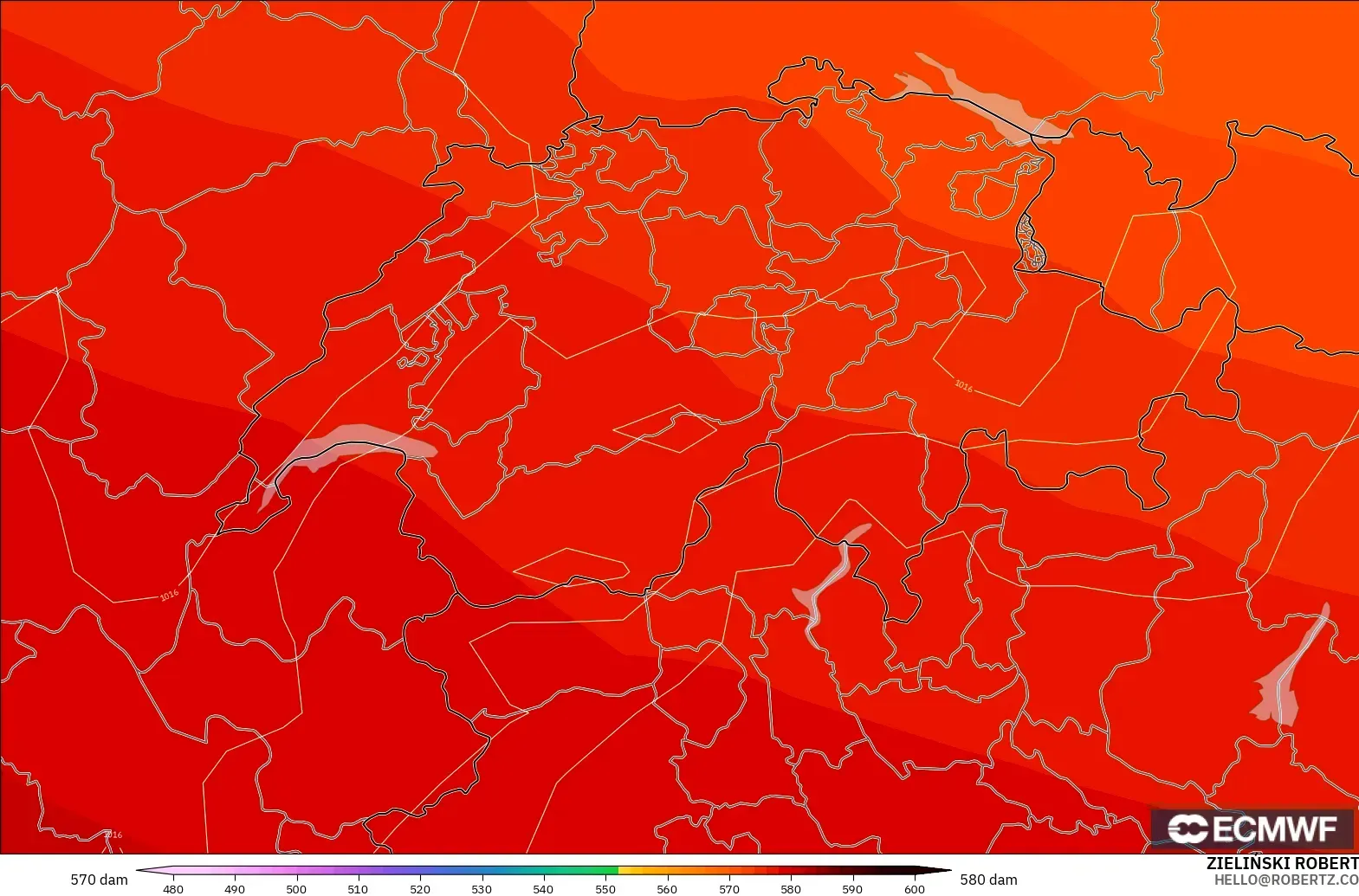 ECMWF IFS 0,25° modelo - Suíça, Altura geopotencial a 500 hPa