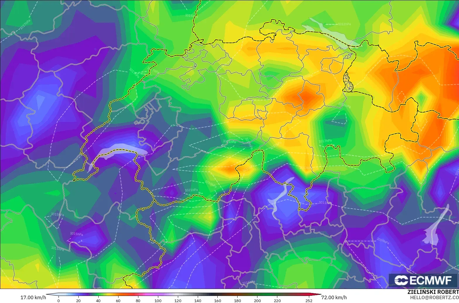 ECMWF IFS 0,25° modelo - Suíça, Rajadas de Vento Máximas