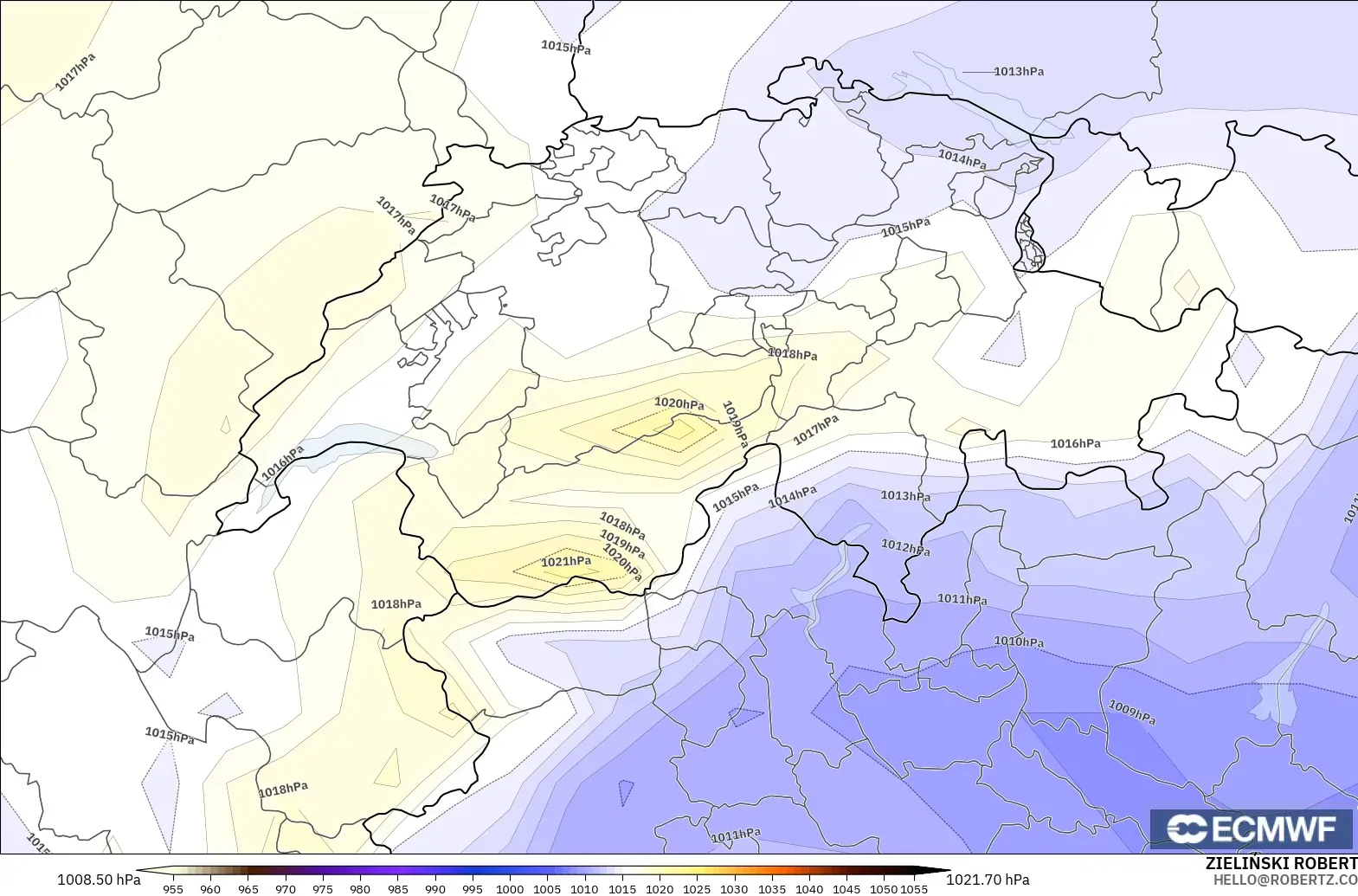 ECMWF IFS 0,25° modelo - Suíça, Pressão