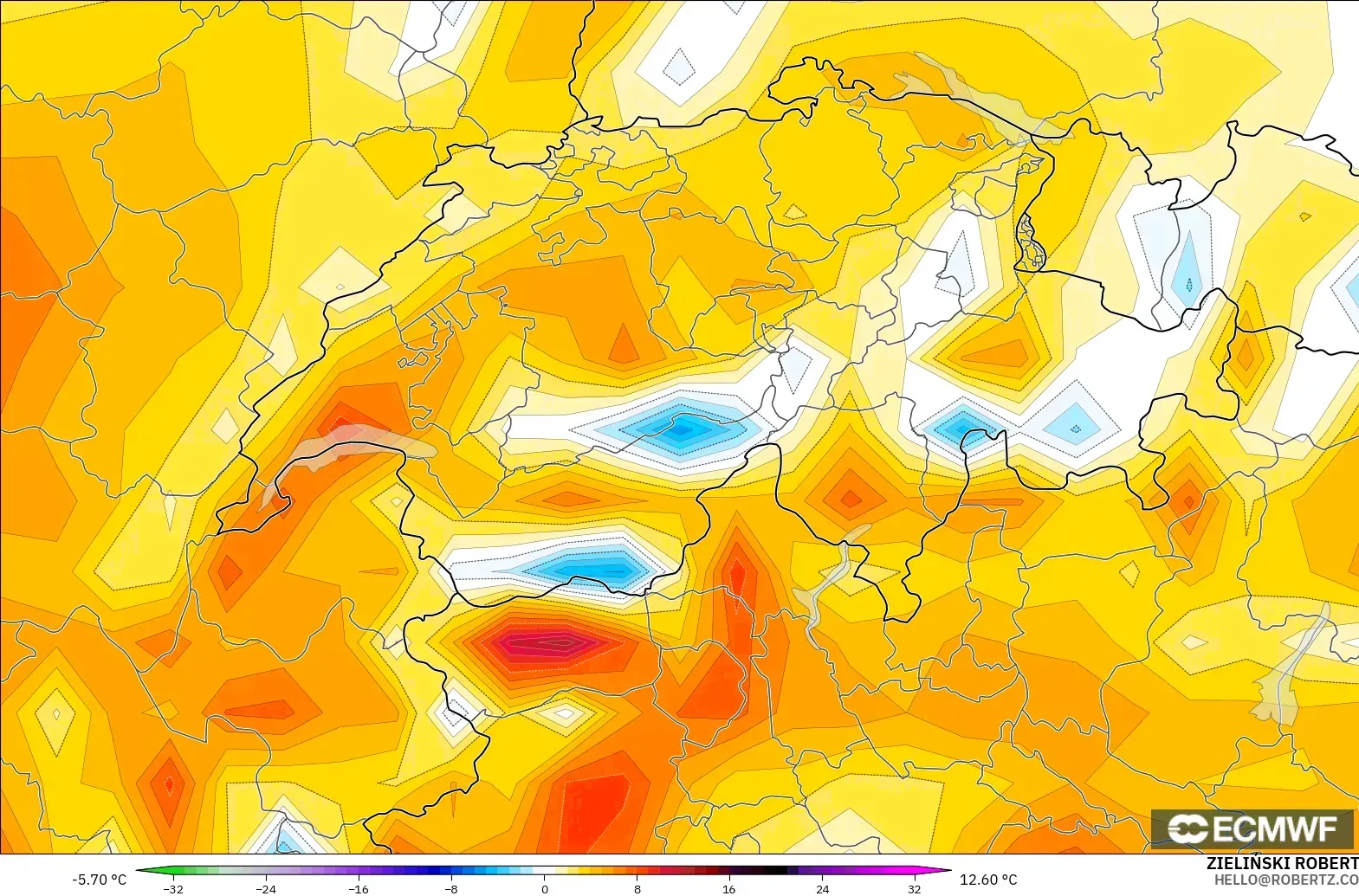 ECMWF IFS 0,25° modelo - Suíça, Anomalia de temperatura a 2 m