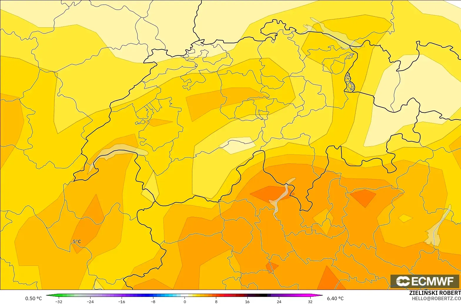 ECMWF IFS 0,25° modelo - Suíça, Anomalia de temperatura a 850 hPa