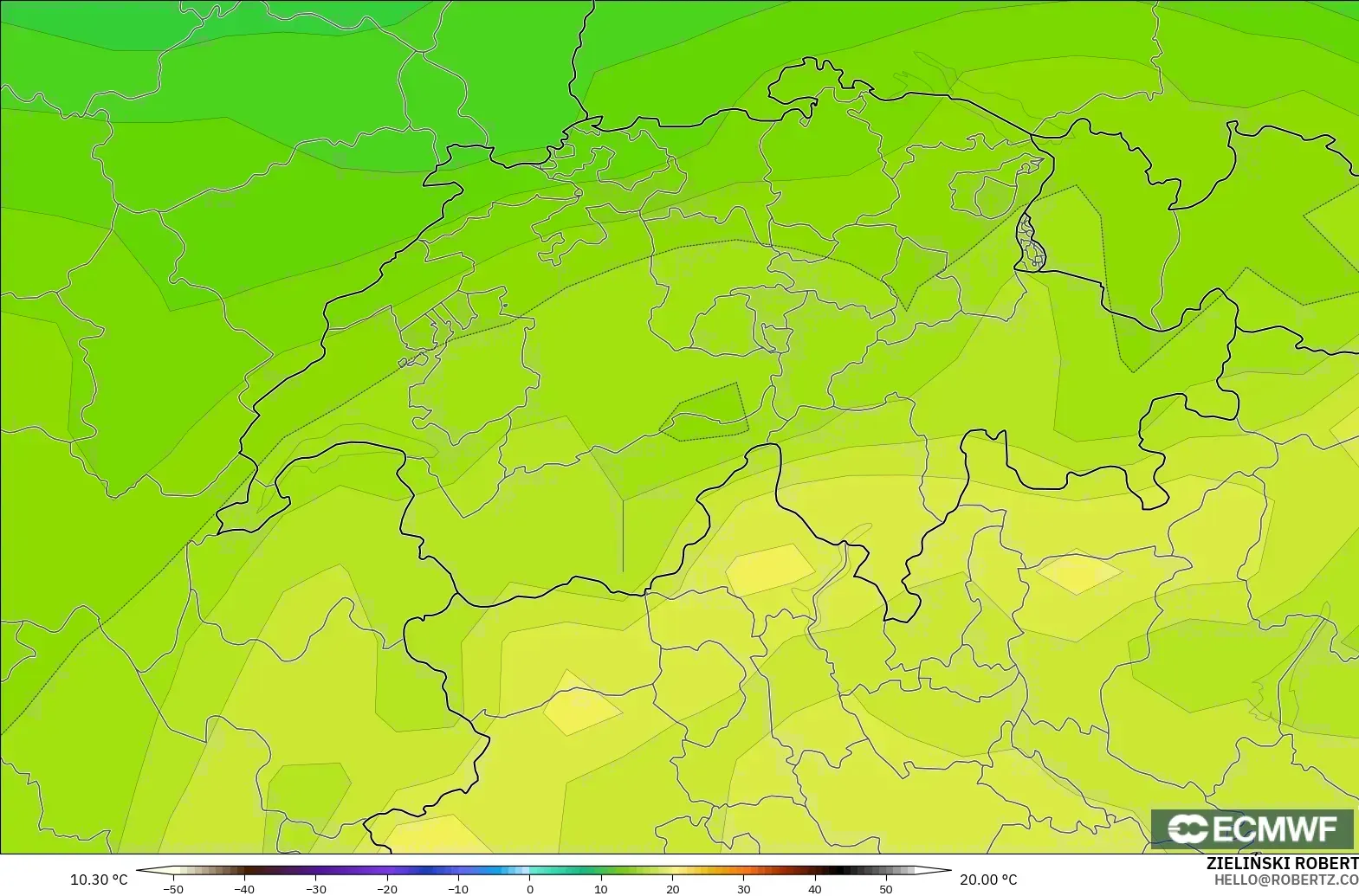 ECMWF IFS 0,25° modelo - Suíça, Temperatura a 850 hPa